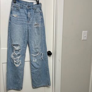 American Eagle Dreamy Drape Super High-Rise Baggy Wide Leg, Distressed, 25W